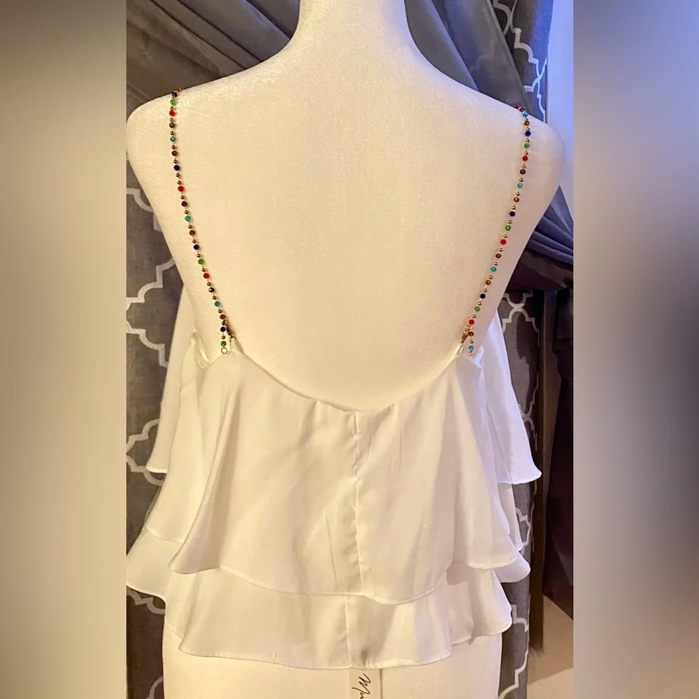 Market House Boutique; Mustard Seed: Medium; white with stone straps; crop flowy - Picture 2 of 9